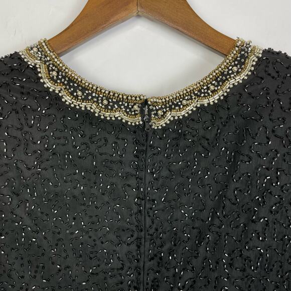 Vintage Laurence Kazer | M/L 80s Beaded & Sequins Silk Elegant Formal Blouse - Picture 7 of 13